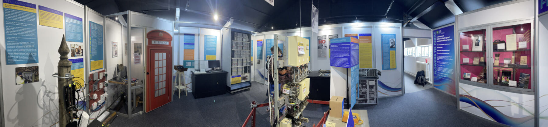 Panoramic view of the Flowers to Fibre exhibition space, from the fibre last-mile display to the exhibition entrance