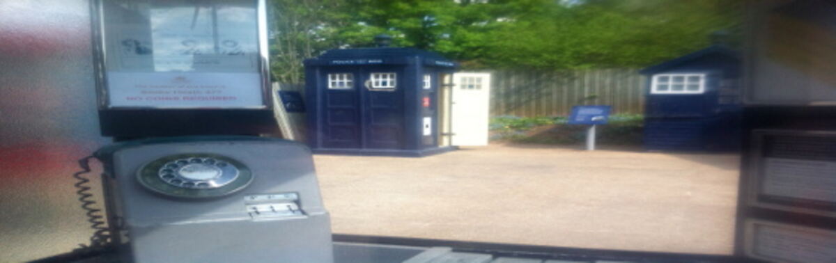 Police boxes on display at Avoncroft, styled like the Doctor Who Tardis