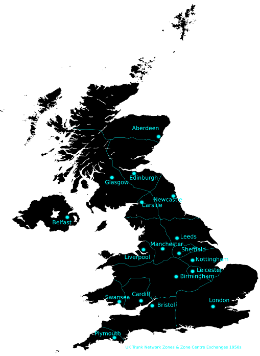 Map of UK showing trunk network zones & zone centres
